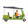 Tuk Tuk Asian auto rickshaw three wheeler tricycle with local driver. Thailand, Indian countries baby taxi. Vector