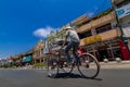 Tukang Becak or Pedicab drivers drive along the Malioboro road freely on car free day on Tuesday Wage