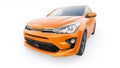 Tula, Russia. February 3, 2022: KIA Rio 2021. Orange Compact urban family hatchback. 3d illustrration.