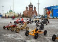 Tula, Russia - January 3, 2021: Children`s velomobiles with pedal drive, Lenin Square, Tula