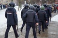 TULA, RUSSIA - JANUARY 23, 2021: Public mass meeting in support of Alexei Navalny, group of police officers going to