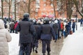 TULA, RUSSIA - JANUARY 23, 2021: Public mass meeting in support of Alexei Navalny, group of police officers going to