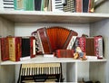 Shelf with exhibits, Dede Filimon`s Harmonica Museum, Tula