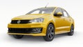 Tula, Russia. July 5, 2021: Volkswagen Polo sedan yellow compact city car isolated on white background. 3d rendering.