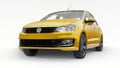 Tula, Russia. July 5, 2021: Volkswagen Polo sedan yellow compact city car isolated on white background. 3d rendering.