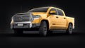 Tula, Russia. June 6, 2021: Toyota Tundra 2020 full size pickup yellow truck isolated on black background. 3d rendering. Royalty Free Stock Photo