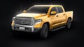 Tula, Russia. June 6, 2021: Toyota Tundra 2020 full size pickup yellow truck isolated on black background. 3d rendering. Royalty Free Stock Photo