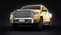 Tula, Russia. June 6, 2021: Toyota Tundra 2020 full size pickup yellow truck isolated on black background. 3d rendering.