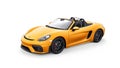 Tula, Russia. March 26, 2021: Porsche 718 Spider 2017 yellow sports car cabrio isolated on white background. 3d Royalty Free Stock Photo