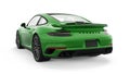 Tula, Russia. March 25, 2021: Porsche 911 Turbo S 2016 green sports car coupe isolated on white background. 3d rendering