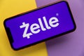 Tula, Russia - November 11, 2020: Zelle logo on iPhone display Royalty Free Stock Photo