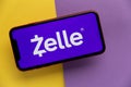 Tula, Russia - November 11, 2020: Zelle logo on iPhone display Royalty Free Stock Photo