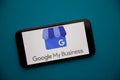 Tula, Russia - September 07, 2021: Google My Business logo on iPhone display