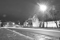 Tula. Tower and wall of the Kremlin Armory capital of Russia. Black and white monochrome photo