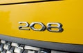 Tulce, Poland - April 2023: Peugeot 208 logo sign on a car hood