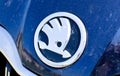 Tulce, Poland - April 2023: Skoda logo sign on a car hood