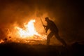 Tulcea, Romania. Sept 28th, 2017. Firefighter try to extinguish a fire