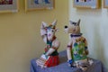 Tulchyn, Ukraine - 06.10.2020: clay goat and wolf figure, traditional fairy tale toy, Ukrainian Podillia ornament painting style Royalty Free Stock Photo