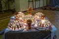 Tulchyn, Ukraine, clay pot lamp with holes for candle light, Ukrainian Podillia pattern style, ethnic handmade paint Royalty Free Stock Photo
