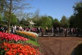 Tulip beds, Keukenhof Gardens, people and statue Royalty Free Stock Photo