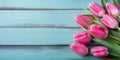 Tulip border with copy space. Bouquet of pink tulips flowers on turquoise blue vintage wooden background. generative ai. Beautiful Royalty Free Stock Photo