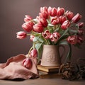 A tulip bouquet with March 8 inscription. Happy March 8th. Women's Day. Mother's Day. Happy Easter