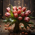 A tulip bouquet with March 8 inscription. Happy March 8th. Women's Day. Mother's Day. Happy Easter