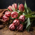 A tulip bouquet with March 8 inscription. Happy March 8th. Women's Day. Mother's Day. Happy Easter