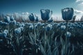 Tulip field with blue tulips. Toned image.