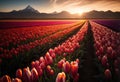 Tulip Field at Dawn, Beautiful Pink, Scarlet, Red Tulips Plantation, Abstract Generative AI Illustration