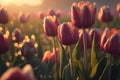 Tulip Field at Dawn, Beautiful Pink, Scarlet, Red Tulips Plantation, Abstract Generative AI Illustration