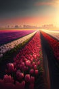 Tulip Field at Dawn, Beautiful Pink, Scarlet, Red Tulips Plantation, Abstract Generative AI Illustration