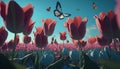 Tulip field with flying butterflies and blue sky. 3d render