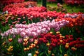 A tulip field in Holland with a yellow red tulip growing high above the other tulips. The single tulip stands out from the others Royalty Free Stock Photo