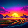 Tulip field in the morning. Colorful flower field at sunset AI generated Royalty Free Stock Photo