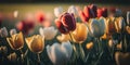 Tulip field in spring. Closeup of flowers in different colors. Colorful floral garden. Springtime blooms. Royalty Free Stock Photo