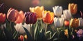 Tulip field in spring. Closeup of flowers in different colors. Colorful floral garden. Springtime blooms