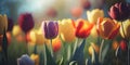 Tulip field in spring. Closeup of flowers in different colors. Colorful floral garden. Springtime blooms.