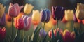Tulip field in spring. Closeup of flowers in different colors. Colorful floral garden. Springtime blooms. Royalty Free Stock Photo