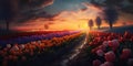 Tulip field at sunset. Beautiful spring landscape. 3d render Royalty Free Stock Photo