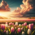 Tulip field at sunset. Beautiful spring landscape. Nature background.