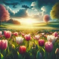 Tulip field at sunset. Beautiful spring landscape. Nature background.