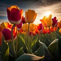 Tulip field at sunset. Beautiful spring landscape with tulips. Royalty Free Stock Photo