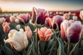 Tulip field at sunset. Beautiful spring landscape with tulips. Royalty Free Stock Photo
