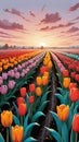 Tulip field at sunset, Colorful background. Wallpaper.Vertica image.