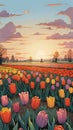 Tulip field at sunset, Colorful background. Wallpaper.Vertica image.