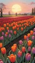 Tulip field at sunset, Colorful background. Wallpaper.Vertica image.