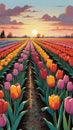 Tulip field at sunset, Colorful background. Wallpaper.Vertica image.