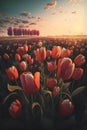 Tulip field at sunset. Spring landscape. 3d render Royalty Free Stock Photo