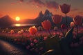 Tulip flower field on beautiful sunset landscape, illustration generated by AI Royalty Free Stock Photo